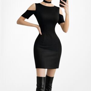 Vintage Y2K Black Knee Length Cold Shoulder Bodycon Dress Size M